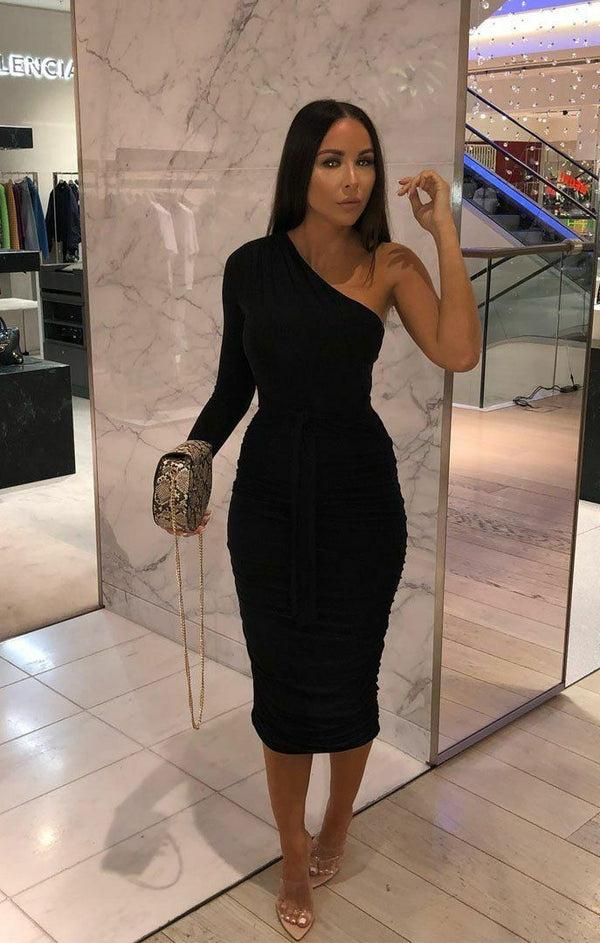 femme Luxe Black One Shoulder Ruched Slinky Midi Dress - Savannah