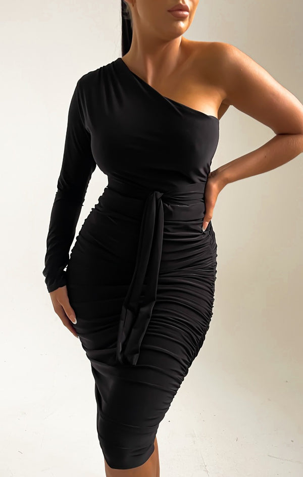 femme Luxe Black One Shoulder Ruched Slinky Midi Dress - Savannah