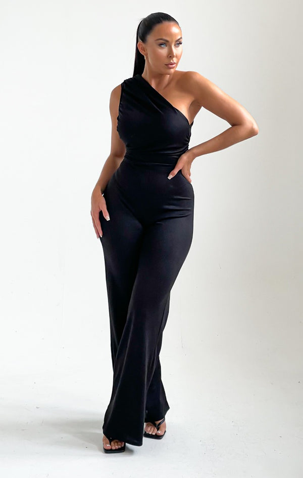 Femme Luxe Black One Shoulder Ruched Straight Leg Jumpsuit - Kay