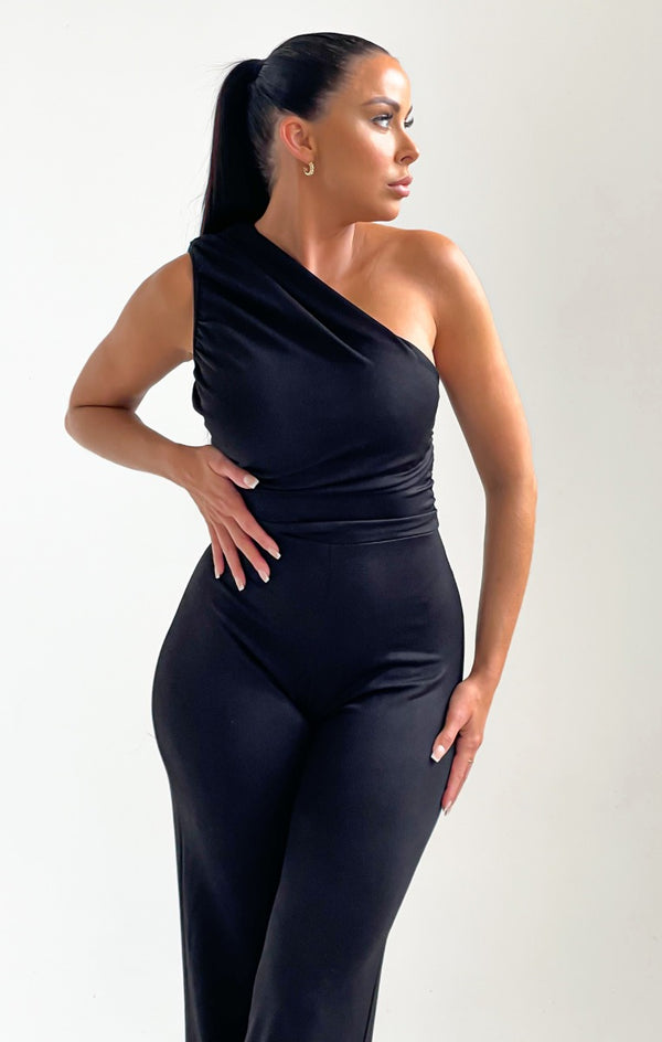 Femme Luxe Black One Shoulder Ruched Straight Leg Jumpsuit - Kay