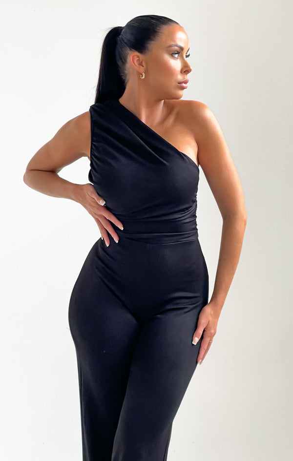 Femme Luxe Black One Shoulder Ruched Straight Leg Jumpsuit - Kay