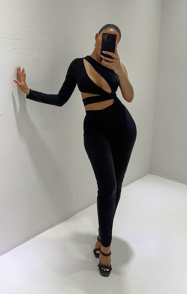 Femme Luxe Black One Sleeve Cut Out Jumpsuit - Christina