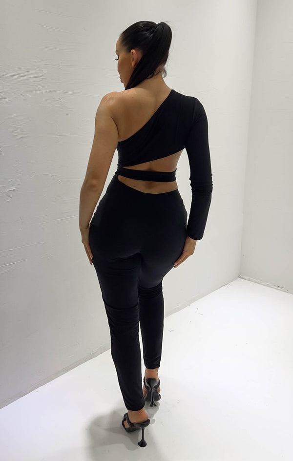 Femme Luxe Black One Sleeve Cut Out Jumpsuit - Christina