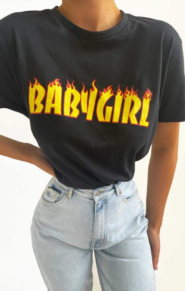 Femme Luxe Black Oversized 'Baby Girl' Flame Slogan Print Short Sleeve T-shirt - Dea