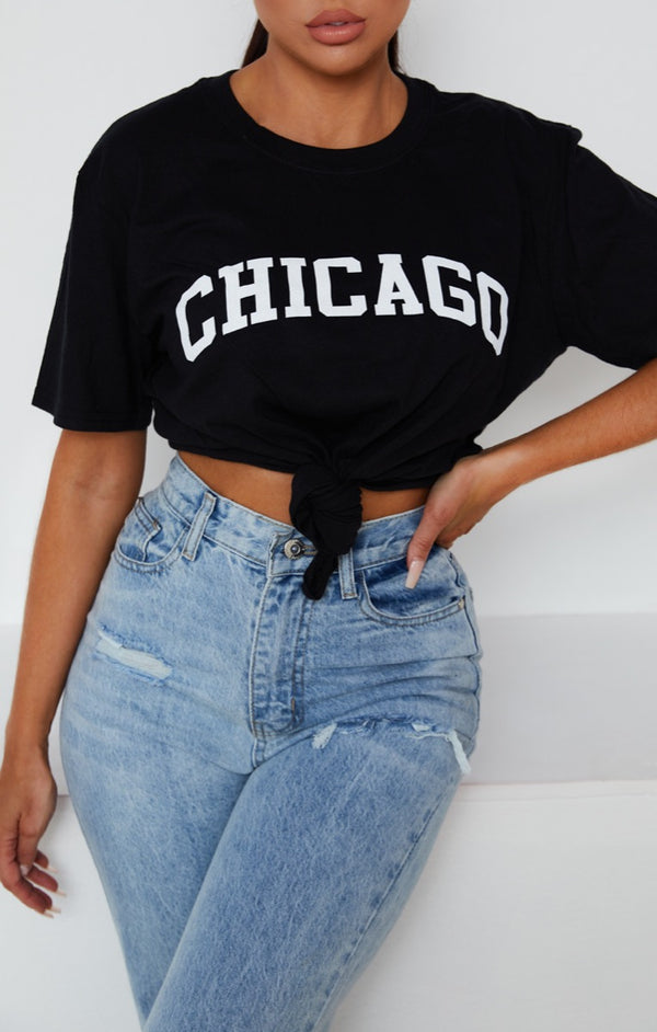 Femme Luxe Black Oversized 'Chicago' Slogan Print Short Sleeve T-Shirt - Dalisha