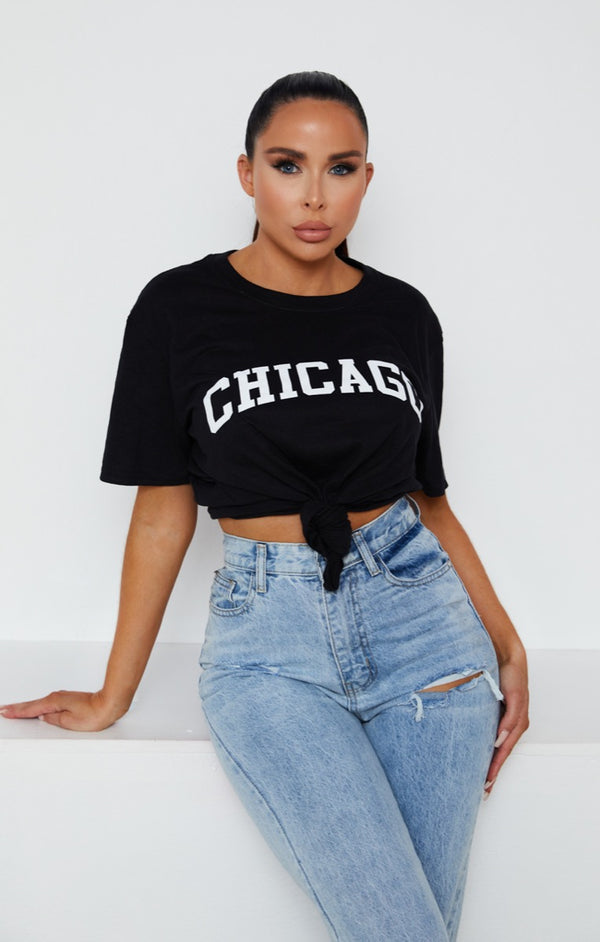 Femme Luxe Black Oversized 'Chicago' Slogan Print Short Sleeve T-Shirt - Dalisha
