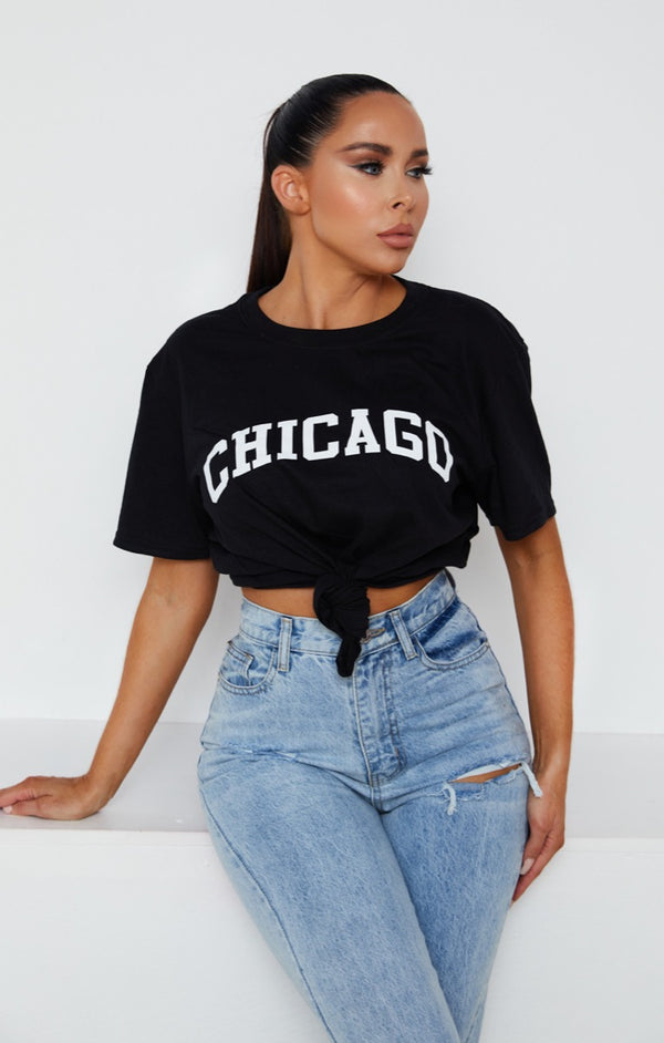 femme luxe Black Oversized 'Chicago' Slogan Print Short Sleeve T-Shirt - Dalisha