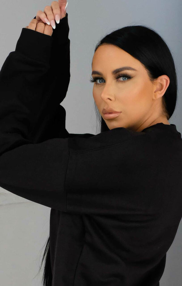 Femme Luxe Black Oversized Crew Neck Rib Cuff & Hem Long Sleeve Sweatshirt With Pocket Detail - Melanie