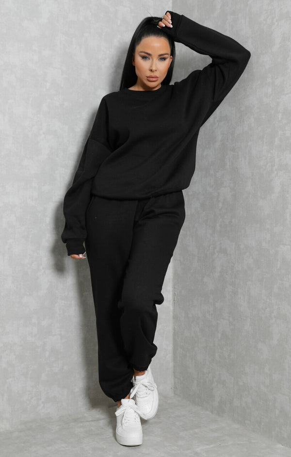 Femme Luxe Black Oversized Crew Neck Sweatshirt Cuffed Joggers Loungewear Set - Averi