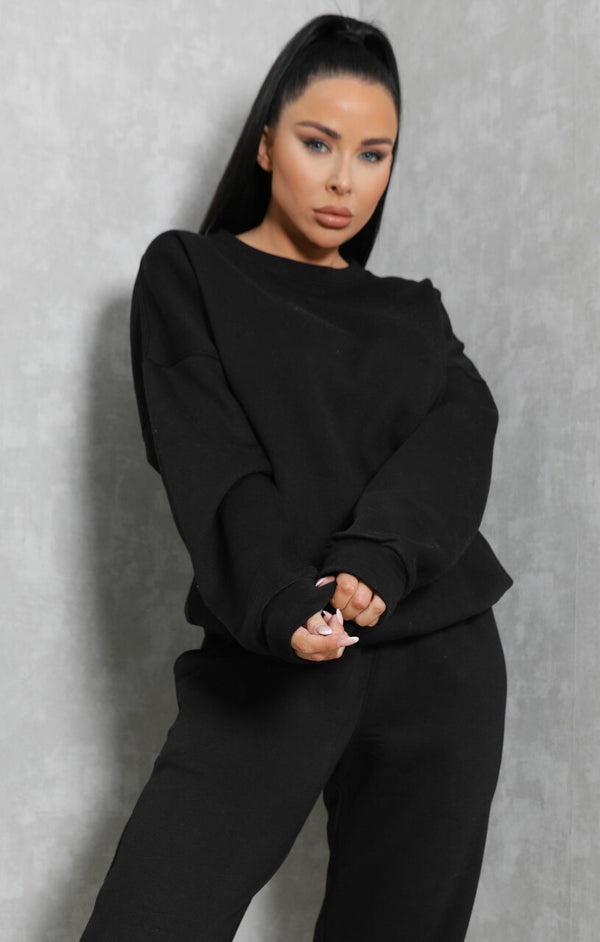 Femme Luxe Black Oversized Crew Neck Sweatshirt Cuffed Joggers Loungewear Set - Averi