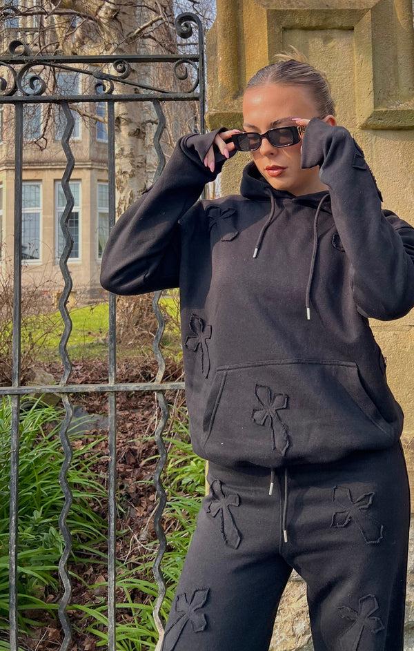 Femme Luxe Black Oversized Crucifix Cross Hoodie With Wide Leg Trouser - Maren
