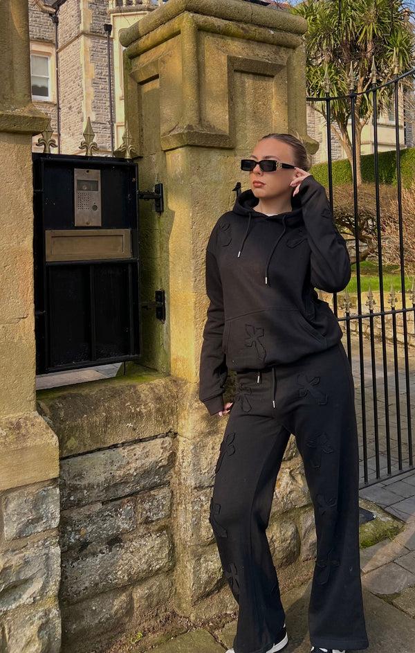 Femme Luxe Black Oversized Crucifix Cross Hoodie With Wide Leg Trouser - Maren