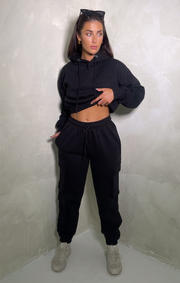 Femme Luxe Black Oversized Drawstring Crop Hoodie - Oyska