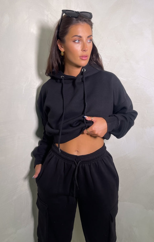 femme luxe Black Oversized Drawstring Crop Hoodie - Oyska