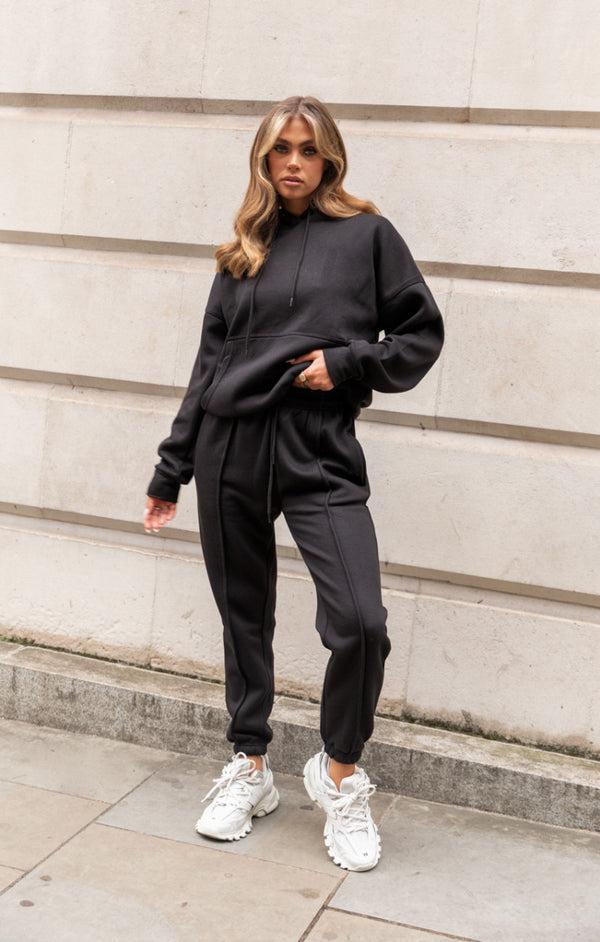 femme luxe Black Oversized Drawstring Pocket Hoodie Seam Front Cuffed Joggers Loungewear Set - Kendra