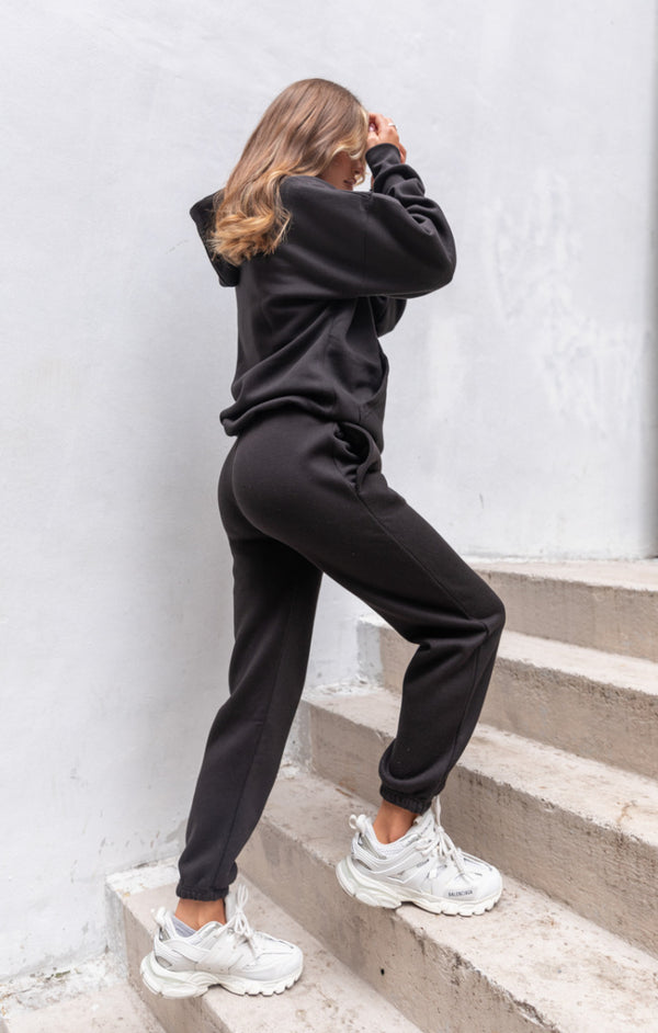 Femme Luxe Black Oversized Front Pocket Pullover Hoodie Cuffed Joggers Loungewear Set - Alexia