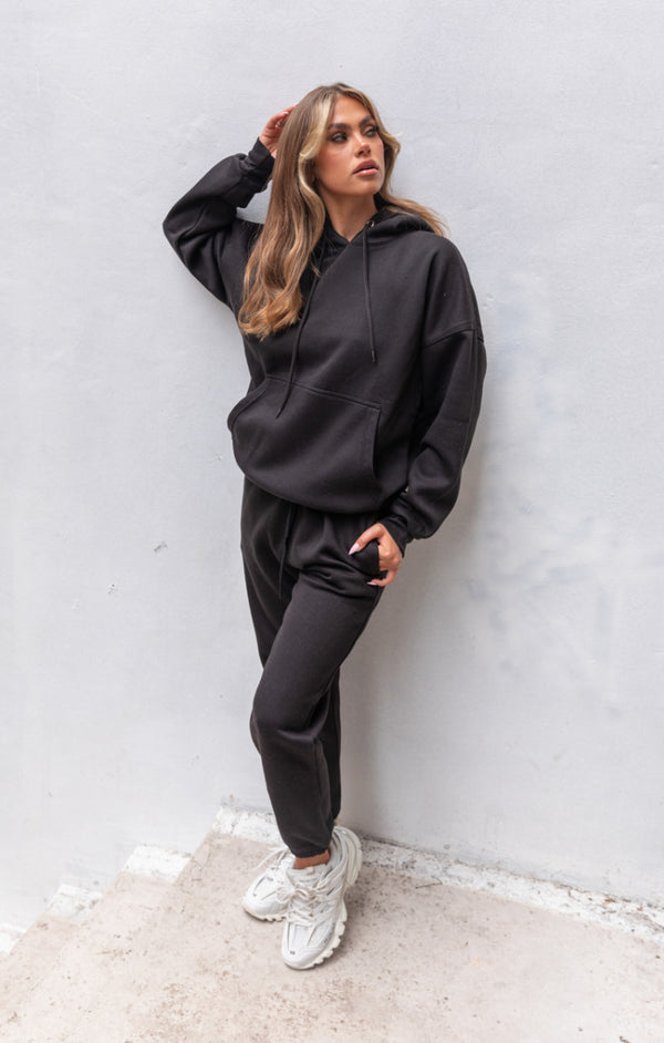 Femme Luxe Black Oversized Front Pocket Pullover Hoodie Cuffed Joggers Loungewear Set - Alexia