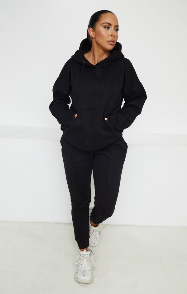 Femme Luxe Black Oversized Hoodie & High Waisted Seam Front Cuffed Joggers Loungewear Set - Martha