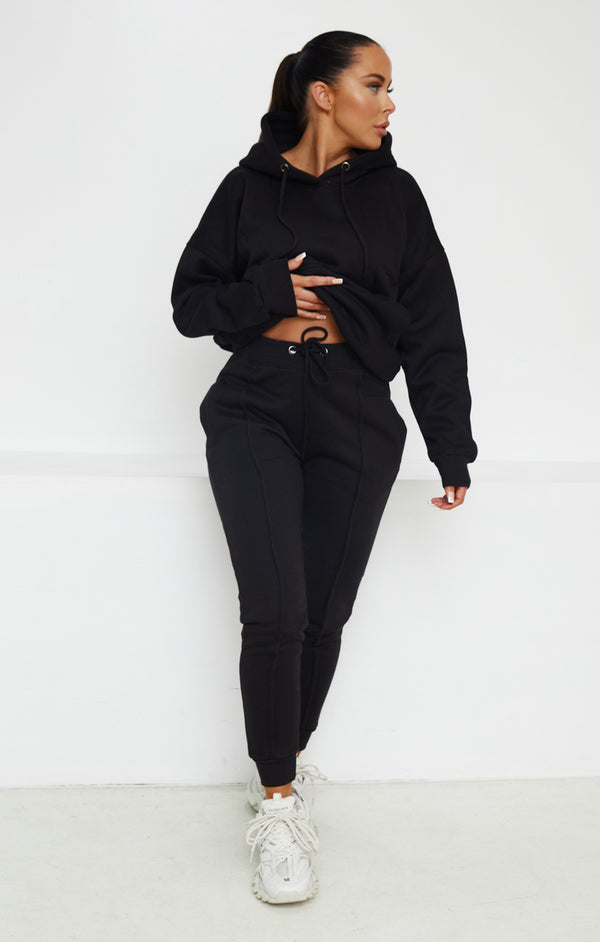 Femme Luxe Black Oversized Hoodie & High Waisted Seam Front Cuffed Joggers Loungewear Set - Martha