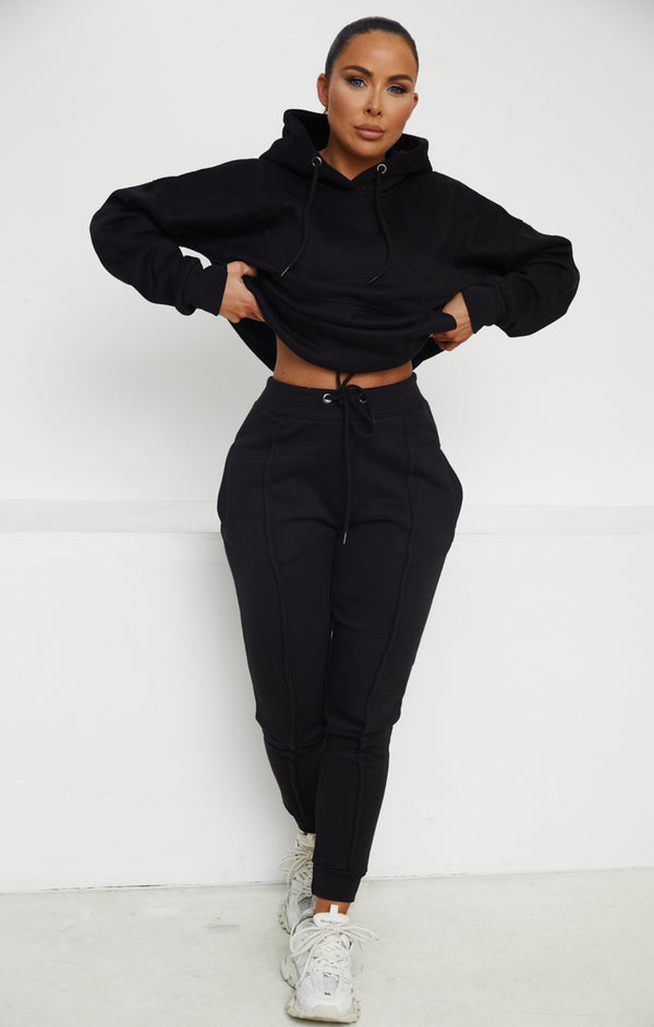Femme Luxe Black Oversized Hoodie & High Waisted Seam Front Cuffed Joggers Loungewear Set - Martha