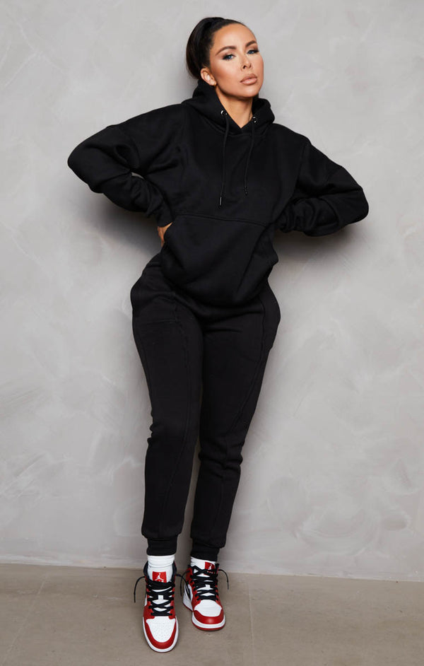 femme luxe Black Oversized Hoodie & High Waisted Seam Front Cuffed Joggers Loungewear Set - Martha