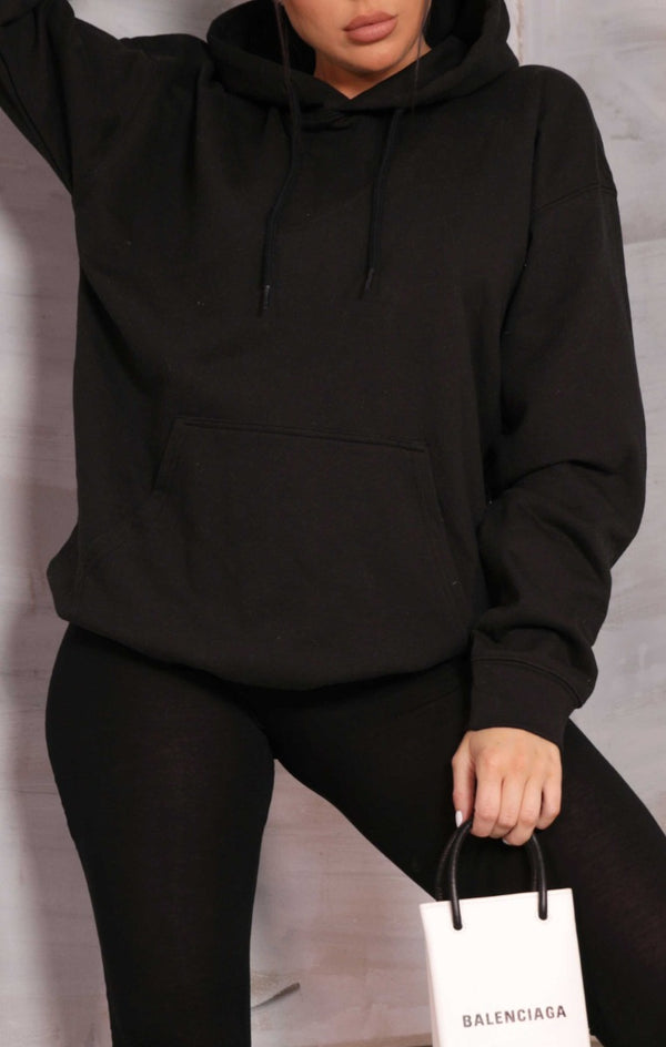 femme luxe Black Oversized Long Sleeve Front Pocket Drawstring Fleece Hoodie - Stella