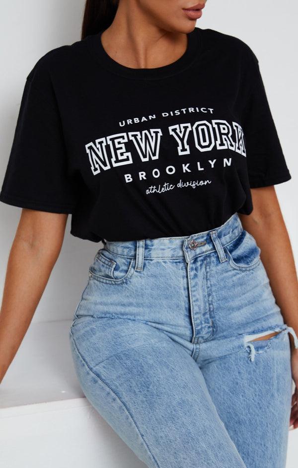 Femme Luxe Black Oversized 'New York' Slogan Print Short Sleeve T-Shirt - Eila