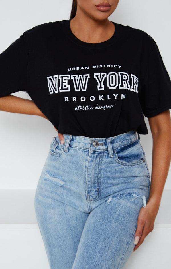 femme luxe Black Oversized 'New York' Slogan Print Short Sleeve T-Shirt - Eila