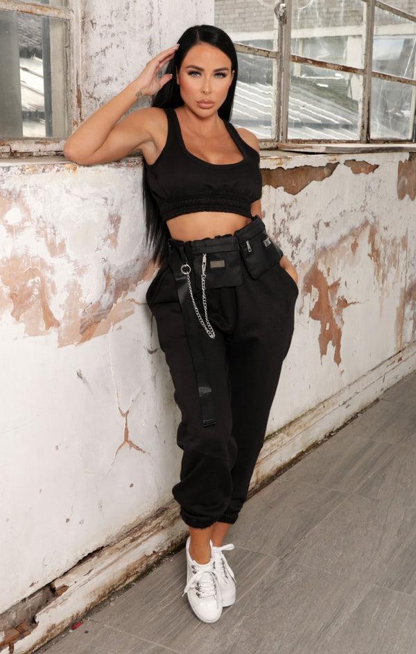 Femme Luxe Black Oversized Sleeveless Crop Top & Drawstring Waist Joggers Co-ord - Alisha
