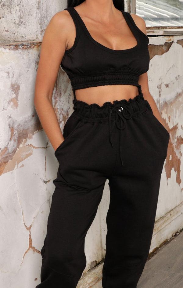 Femme Luxe Black Oversized Sleeveless Crop Top & Drawstring Waist Joggers Co-ord - Alisha