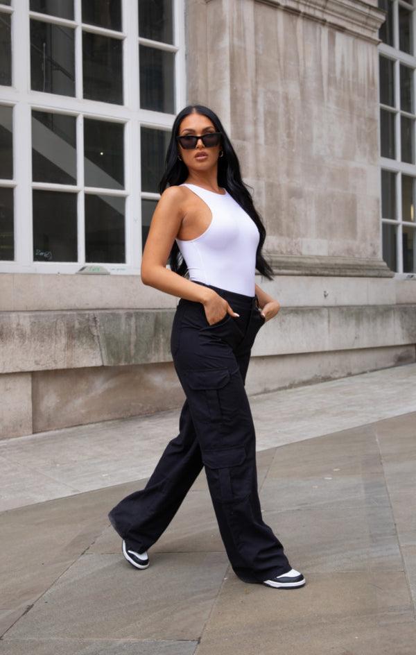 Femme Luxe Black Oversized Straight Leg Two Side Pockets Cargo Trousers - Ella