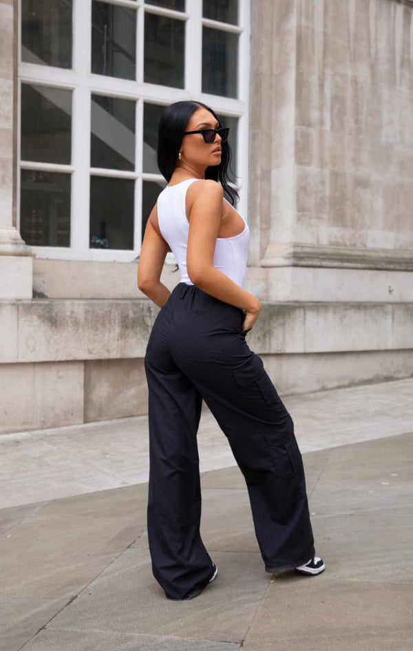 Femme Luxe Black Oversized Straight Leg Two Side Pockets Cargo Trousers - Ella