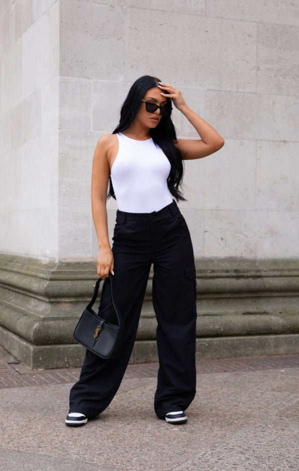 Femme Luxe Black Oversized Straight Leg Two Side Pockets Cargo Trousers - Ella