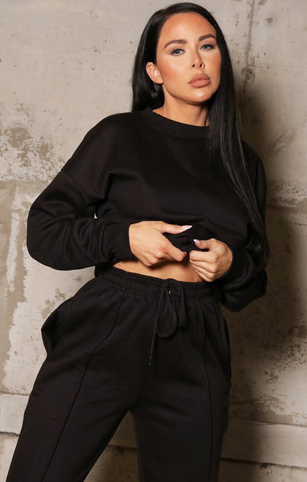Femme Luxe Black Oversized Sweatshirt & Front Seam Joggers Loungewear Set - Seville