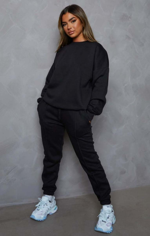 femme luxe Black Oversized Sweatshirt & Front Seam Joggers Loungewear Set - Seville