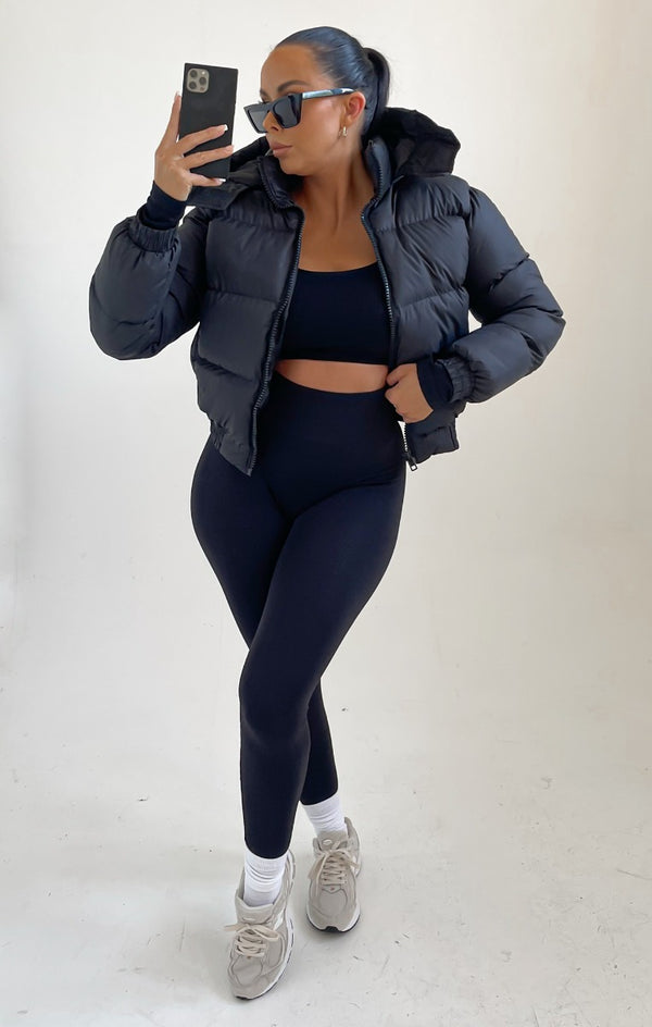 Femme Luxe Black Padded Zip Up Hooded Puffer Coat - Flo