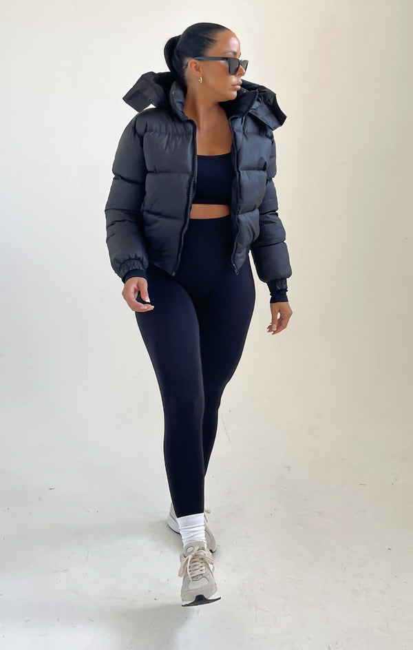 Femme Luxe Black Padded Zip Up Hooded Puffer Coat - Flo