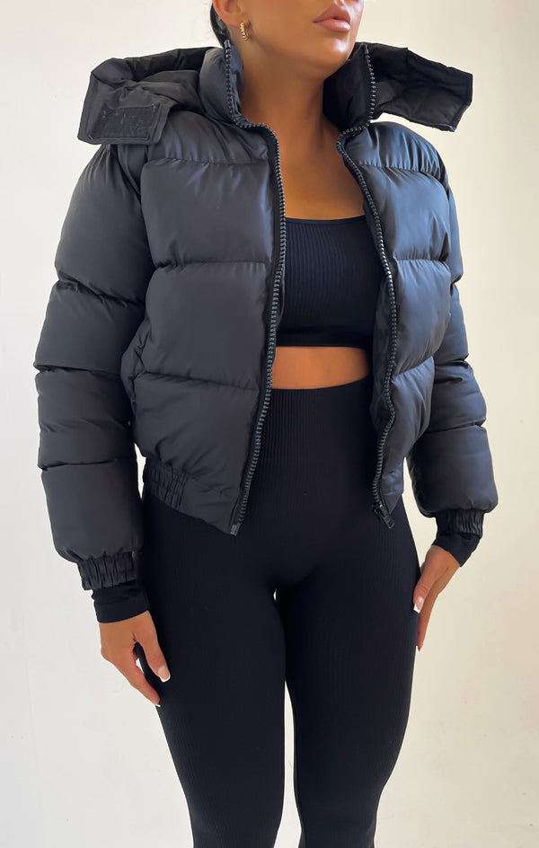 femme luxe Black Padded Zip Up Hooded Puffer Coat - Flo