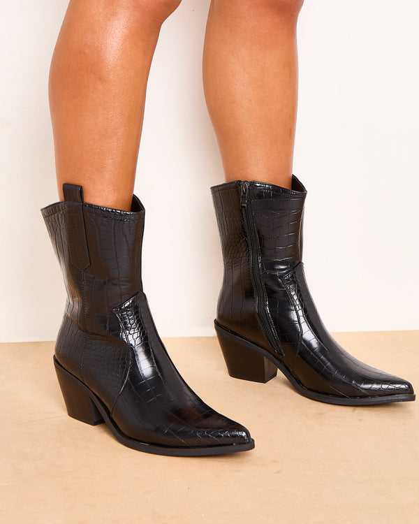 Femme Luxe Black Patent Croc Pointed Toe Chunky Block Heel Ankle Boots - Dakota