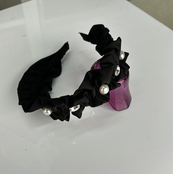 Femme Luxe Black Pearl Ruched And Silver Gems Headband - Taylor