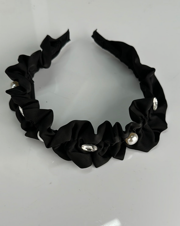Femme Luxe Black Pearl Ruched And Silver Gems Headband - Taylor