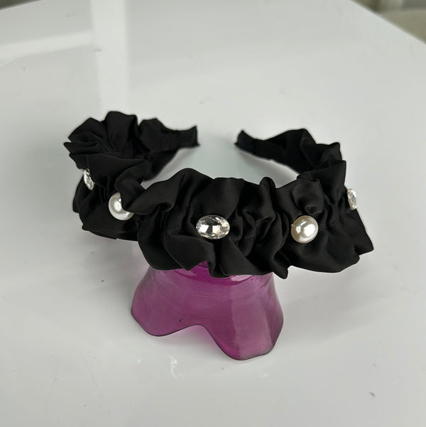 Femme Luxe Black Pearl Ruched And Silver Gems Headband - Taylor