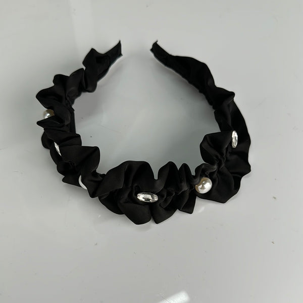 femme luxe Black Pearl Ruched And Silver Gems Headband - Taylor