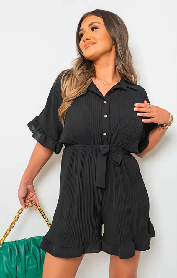 femme luxe Black Pleated Frill Ruffle Shirt Short Playsuit - Dora