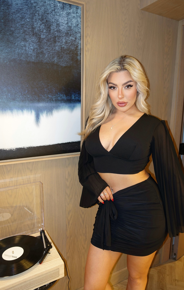 Femme Luxe Black Pleated Sleeve Backless Robe Crop Top - Celia