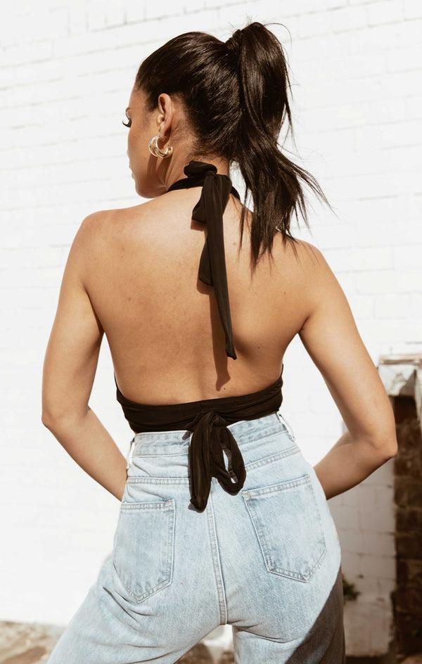 Femme Luxe Black Plunge Halter Neck Tie Detail Crop Top - Esme