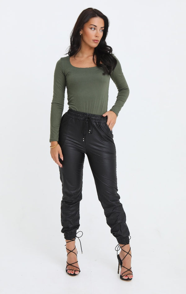 femme luxe Black PU Elasticated Waist Drawstring Semi Fitted Jogger - Mia