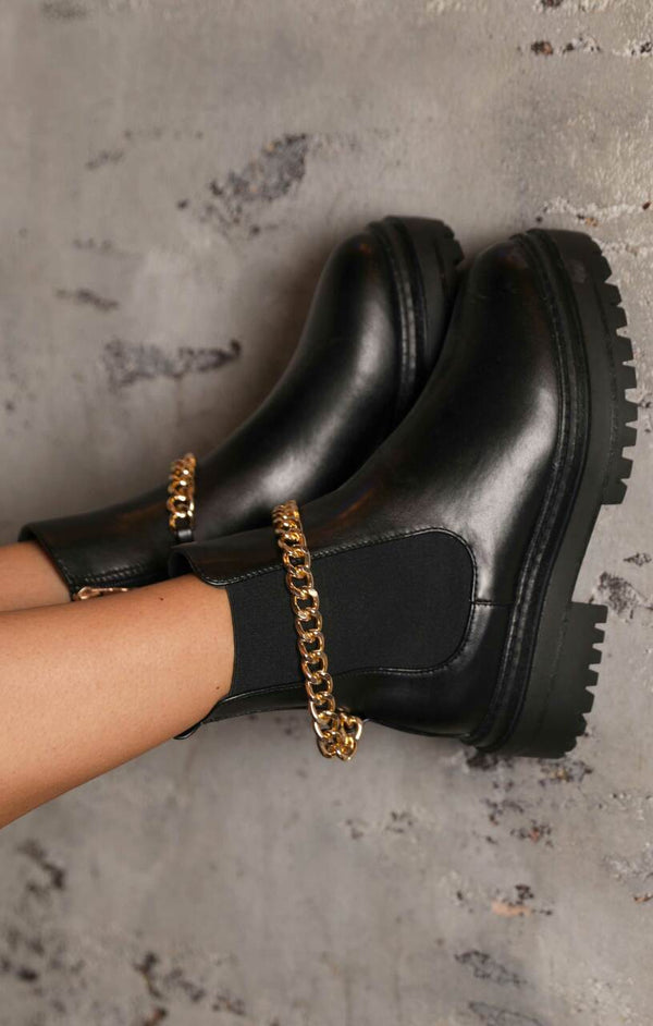 Femme Luxe Black PU Faux Leather Chain Detail Chunky Platform Chelsea Ankle Boots - Gaia