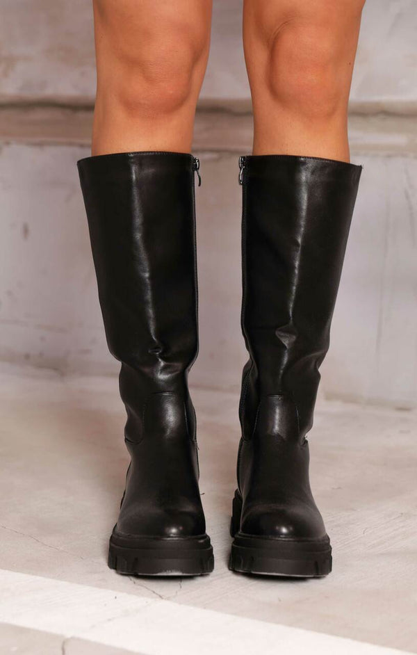 Femme Luxe Black PU Faux Leather Chunky Platform Zip Up Knee High Biker Boots - Vada