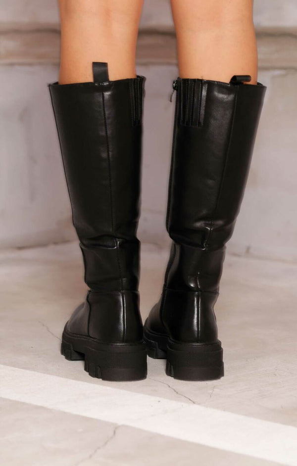 Femme Luxe Black PU Faux Leather Chunky Platform Zip Up Knee High Biker Boots - Vada